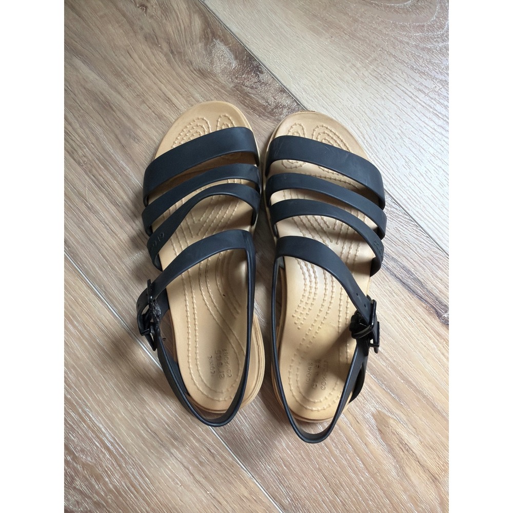 Crocs Womens 6 Black Tulum Strappy Sandal Flat Gladiator Buckle Iconic Comfort